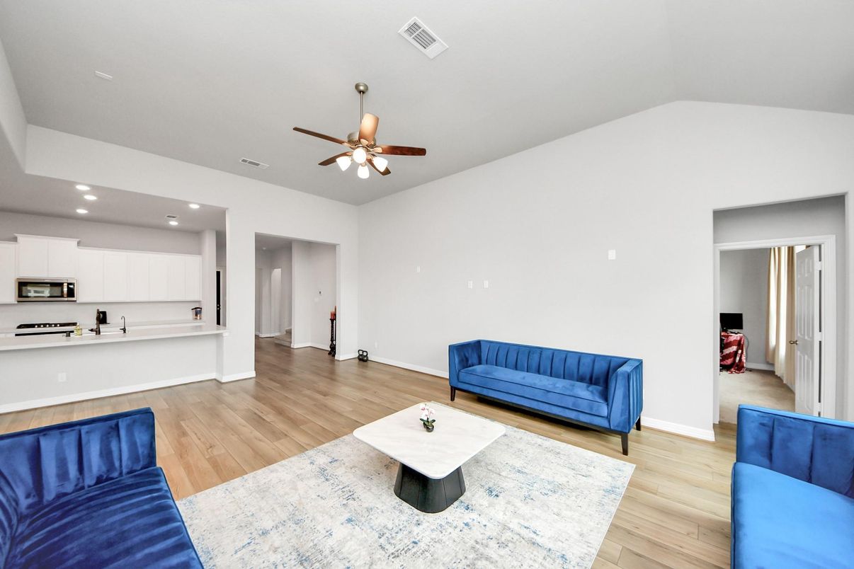 Interior, Kitchen, Living room, Recessed Lighting, Stainless Steel Appliances, Wood Texture Flooring
