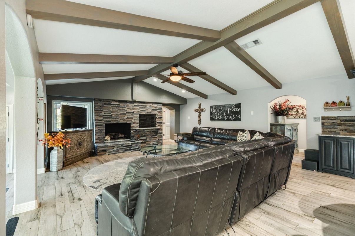 Fireplace, Interior, Living room, Stone Walls, Wooden Beams, Wood Texture Flooring