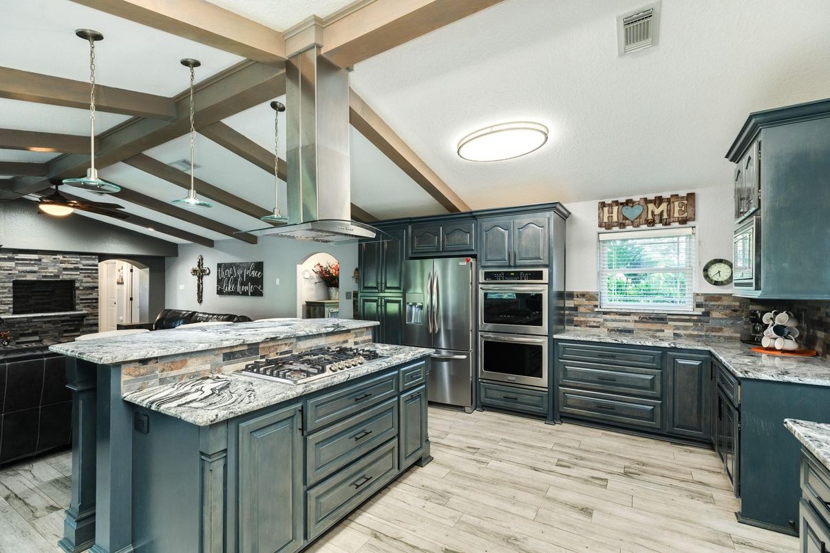 Interior, Kitchen, Pendant Lights, Stainless Steel Appliances, Wooden Beams, Wood Texture Flooring