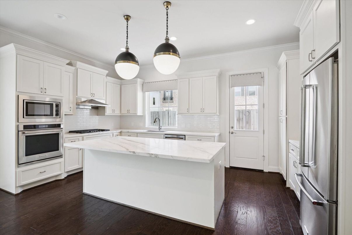 Interior, Kitchen, Pendant Lights, Recessed Lighting, Stainless Steel Appliances, Wood Texture Flooring