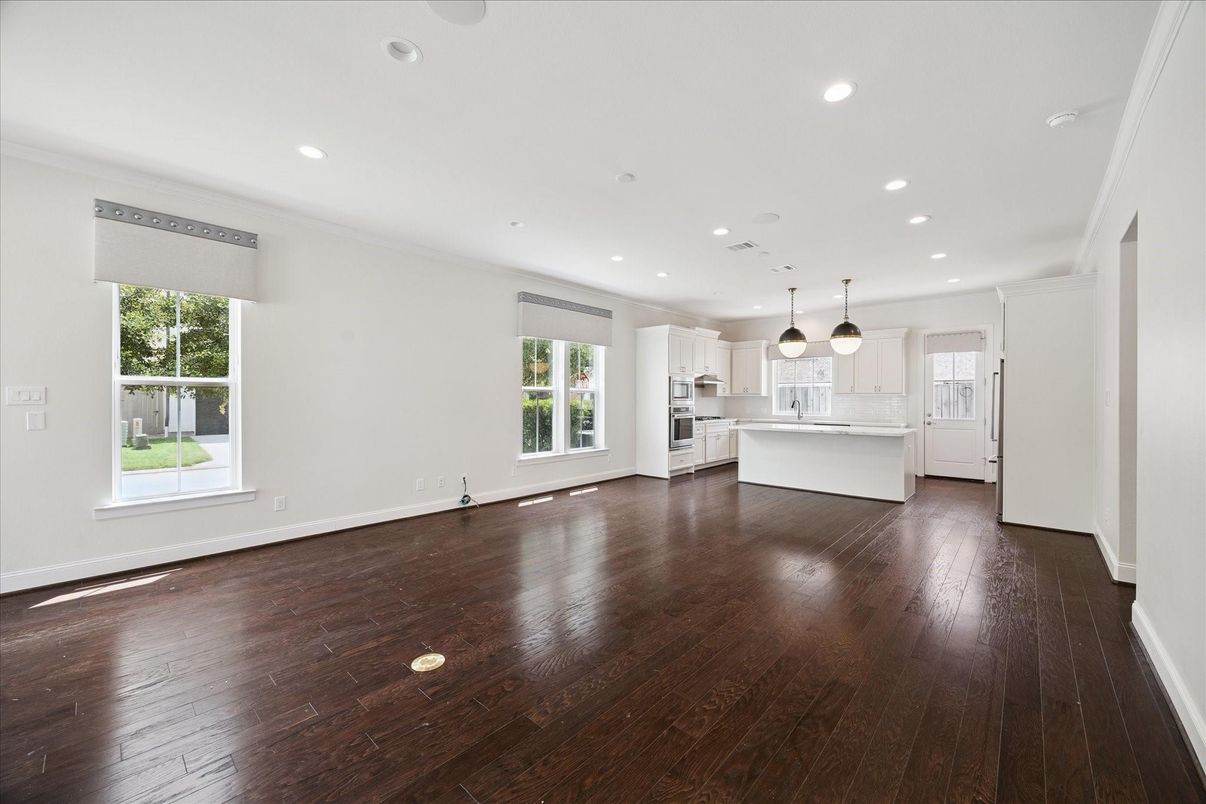 Empty room, Interior, Kitchen, Pendant Lights, Recessed Lighting, Wood Texture Flooring