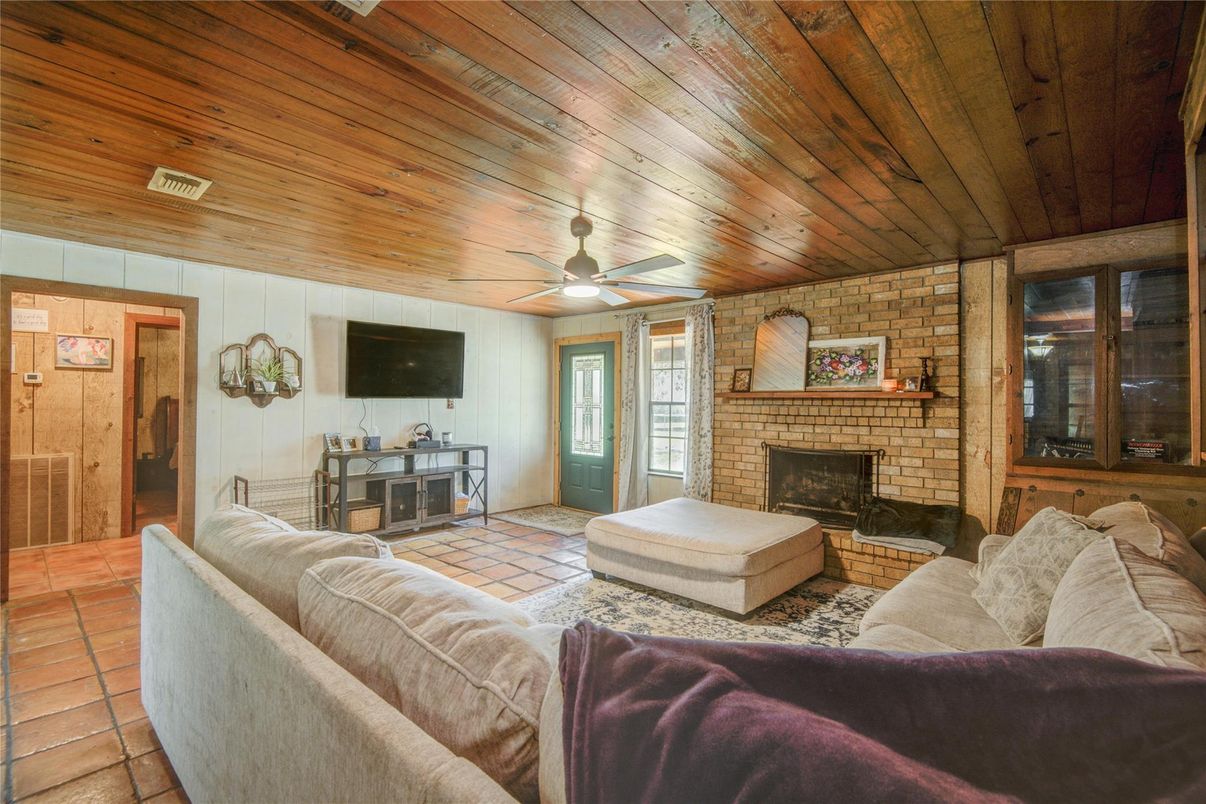 Fireplace, Interior, Living room, Stone Walls, Wooden Ceilings