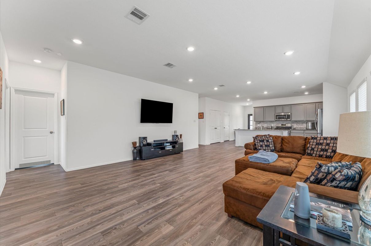 Interior, Kitchen, Living room, Recessed Lighting, Stainless Steel Appliances, Wood Texture Flooring