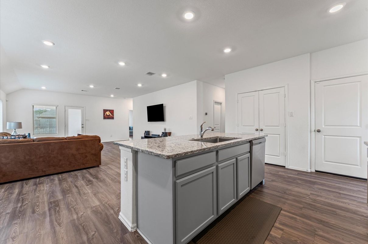 Interior, Kitchen, Living room, Recessed Lighting, Wood Texture Flooring