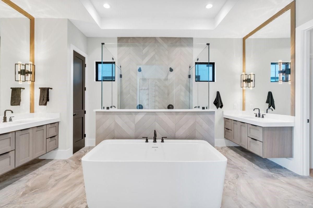 Bathroom, Dual Sink Vanities, Free Standing Baths, Glass Shower, Interior, Marble, Marble Walls, Recessed Lighting