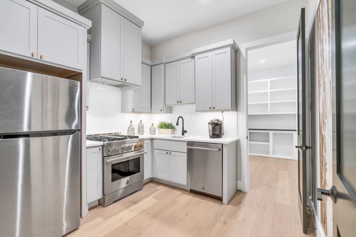 Interior, Kitchen, Recessed Lighting, Stainless Steel Appliances, Wood Texture Flooring