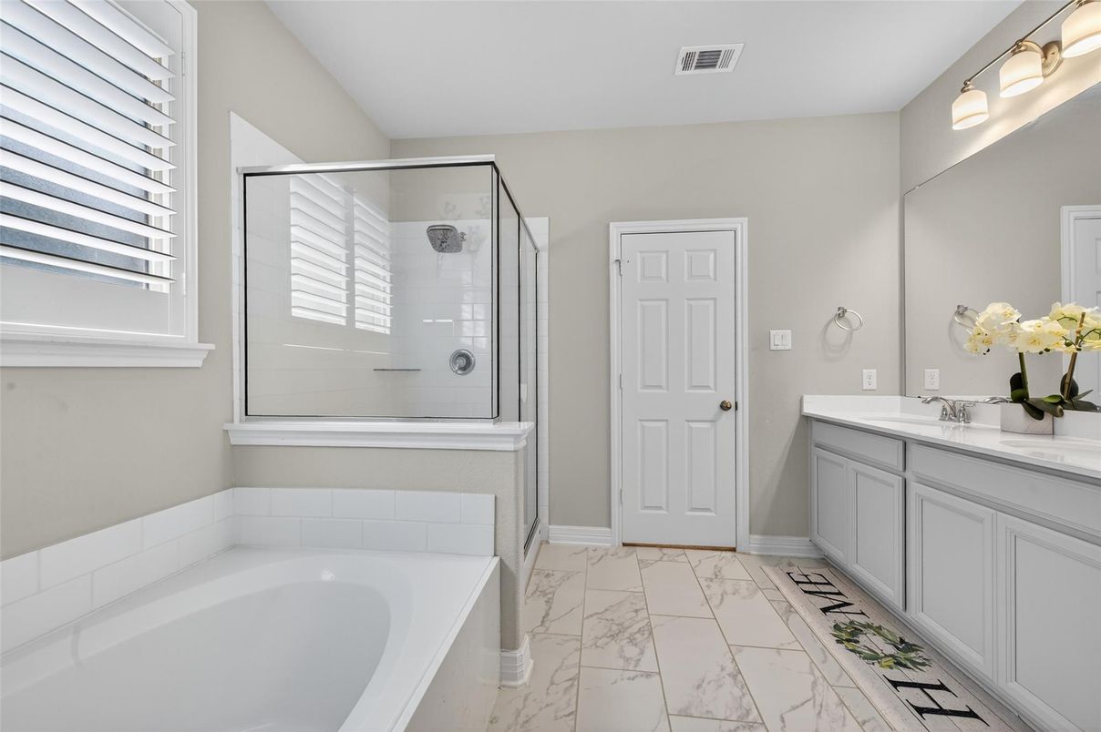 Bathroom, Dual Sink Vanities, Glass Shower, Interior, Marble