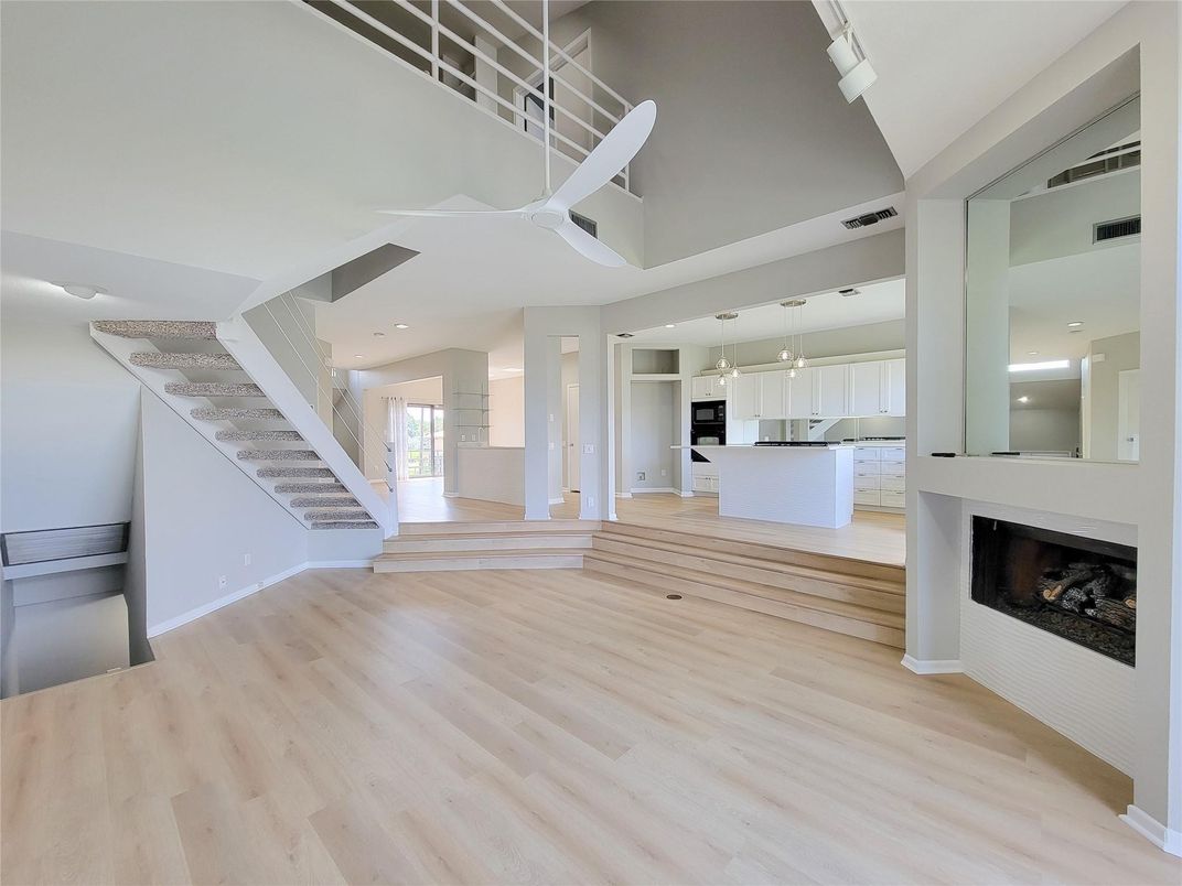 Fireplace, Interior, Kitchen, Pendant Lights, Recessed Lighting, Wood Texture Flooring
