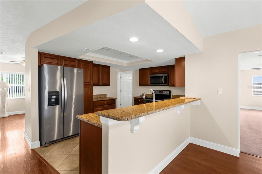 Interior, Kitchen, Recessed Lighting, Stainless Steel Appliances, Wood Texture Flooring