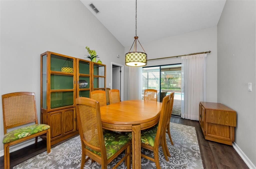 Dining room, Interior, Pendant Lights, Wood Texture Flooring