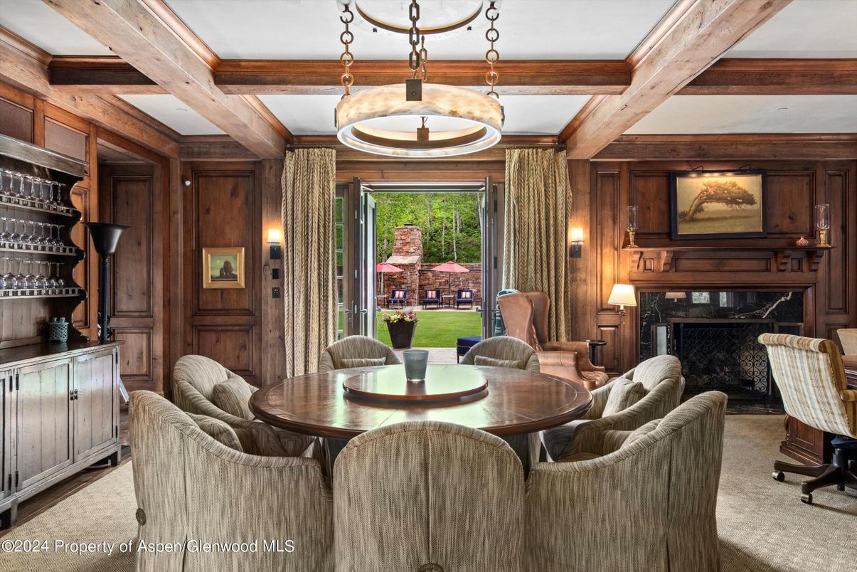 Dining room, Fireplace, Interior, Living room, Pendant Lights, Wooden Beams, Wooden Walls