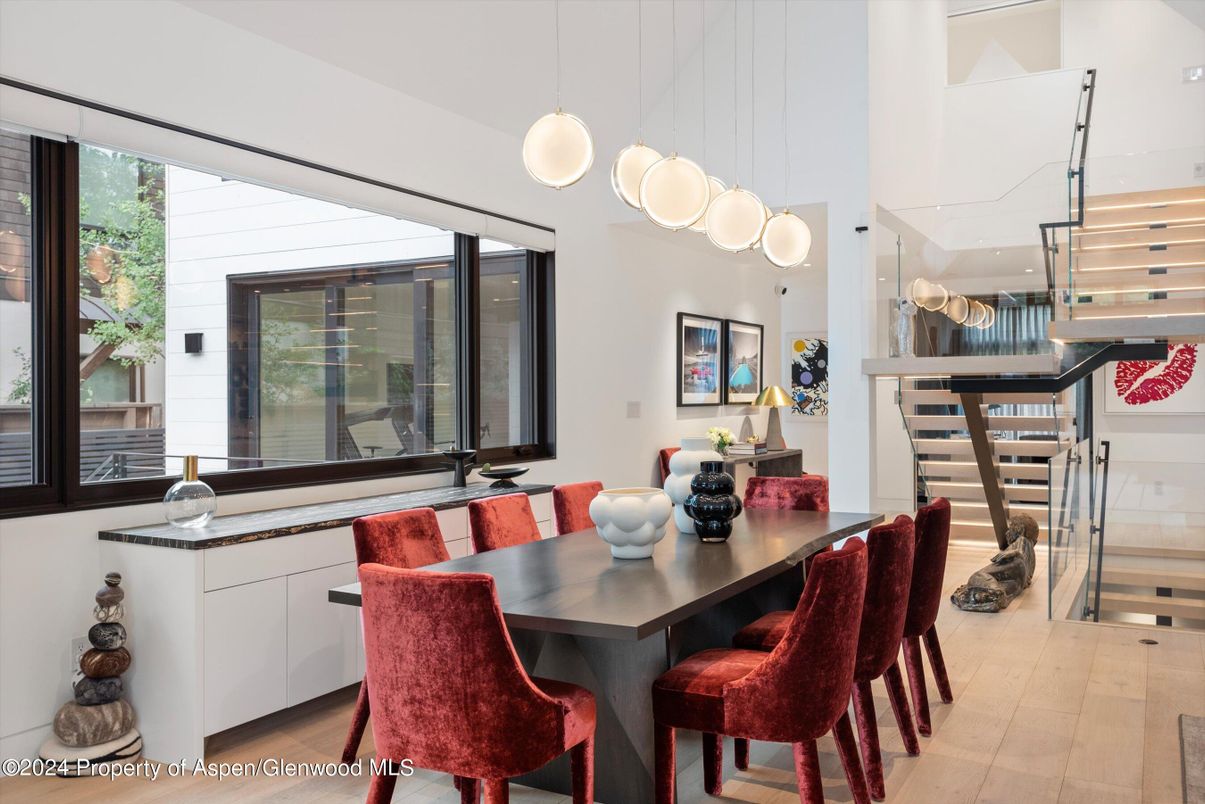 Dining room, Interior, Pendant Lights, Wood Texture Flooring