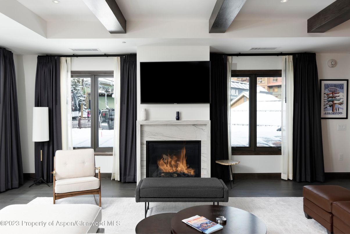 Fireplace, Interior, Living room, Recessed Lighting, Wooden Beams