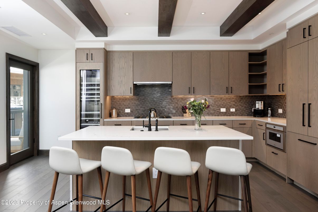 Interior, Kitchen, Recessed Lighting, Stainless Steel Appliances, Wooden Beams, Wood Texture Flooring