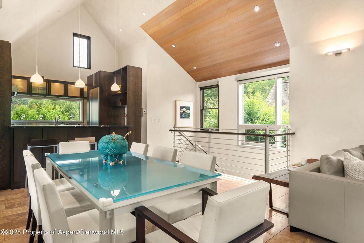 Dining room, Interior, Pendant Lights, Recessed Lighting, Wooden Ceilings, Wood Texture Flooring