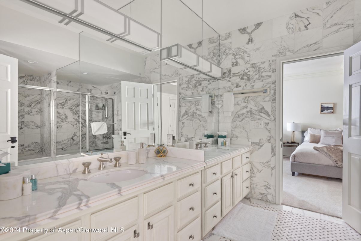 Bathroom, Bedroom, Dual Sink Vanities, Glass Shower, Interior, Marble, Marble Walls