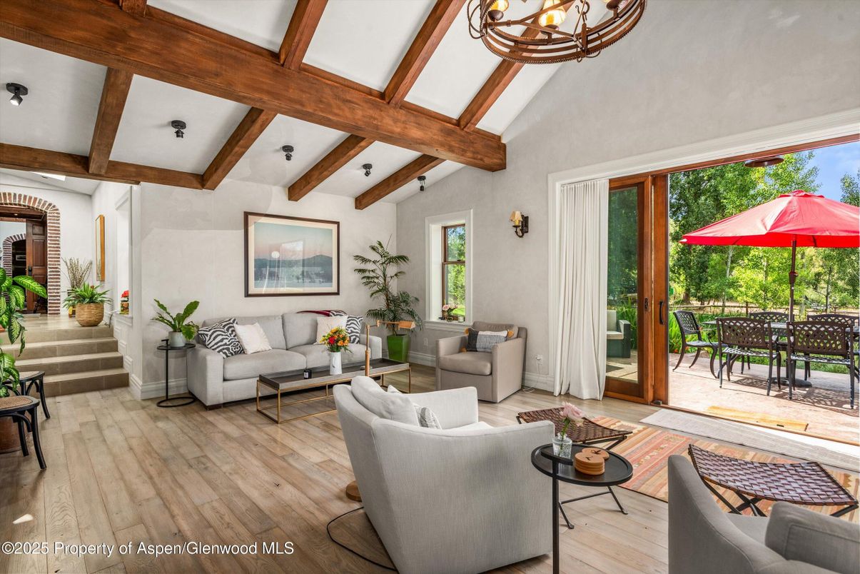 Chandelier, Interior, Living room, Wooden Beams, Wood Texture Flooring