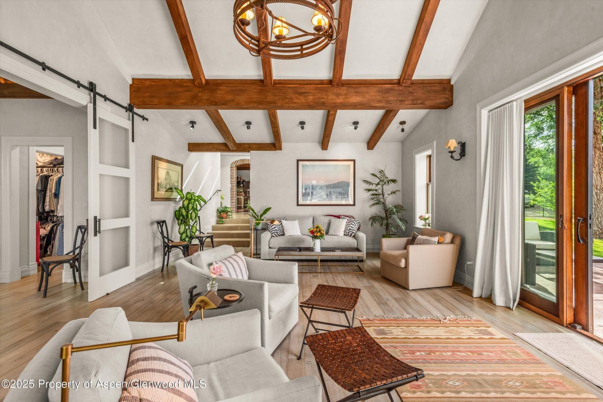 Chandelier, Interior, Living room, Wooden Beams, Wood Texture Flooring