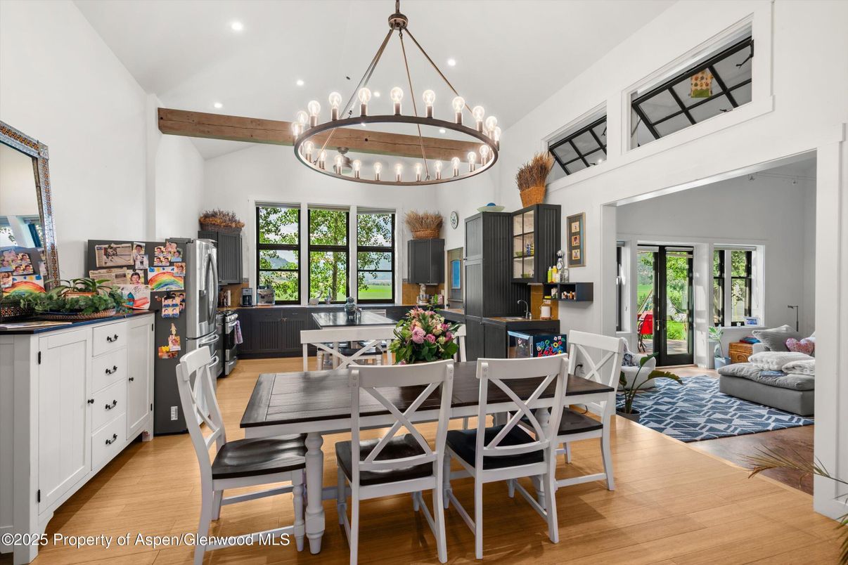 Chandelier, Dining room, Interior, Kitchen, Pendant Lights, Recessed Lighting, Wooden Beams, Wood Texture Flooring