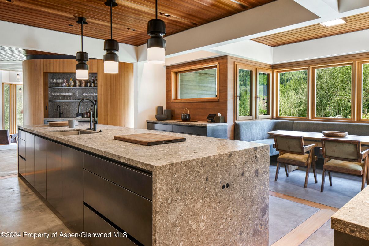 Dining room, Interior, Pendant Lights, Recessed Lighting, Wooden Ceilings