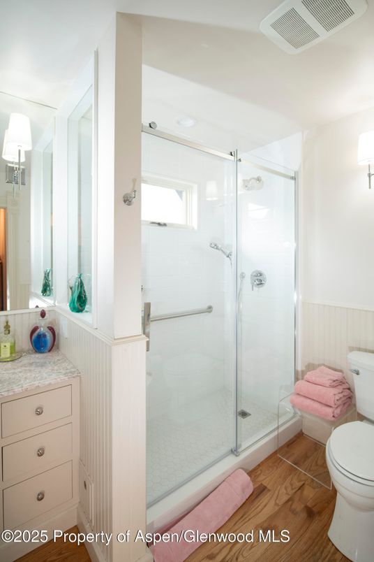 Bathroom, Glass Shower, Interior, Wood Texture Flooring