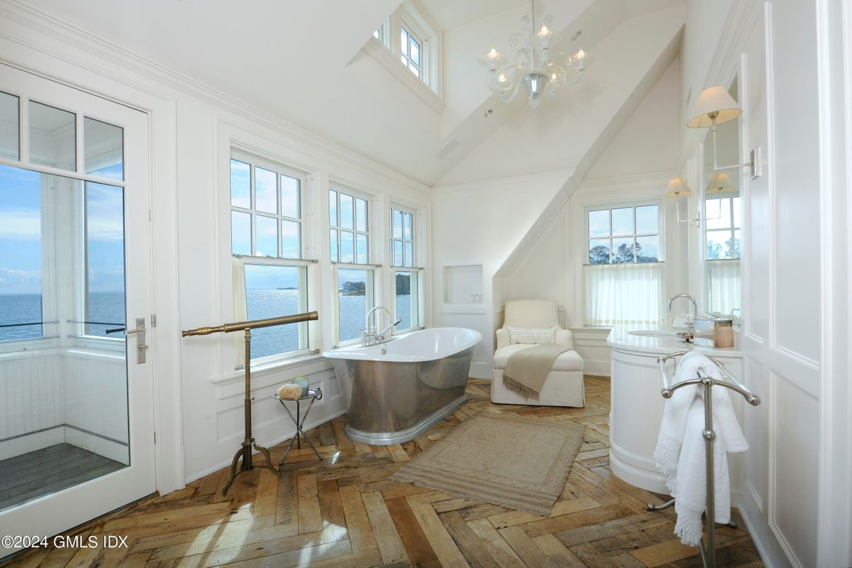 Bathroom, Bedroom, Chandelier, Free Standing Baths, Interior, Water, Wood Texture Flooring