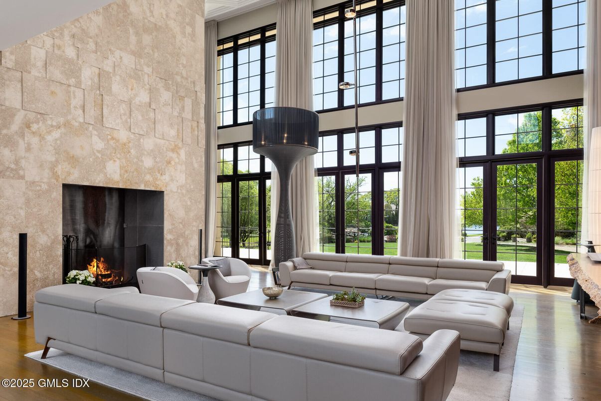 Fireplace, Interior, Living room, Pendant Lights, Stone Walls, Wood Texture Flooring
