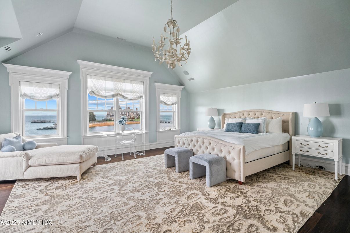 Bedroom, Chandelier, Interior, Water, Wood Texture Flooring