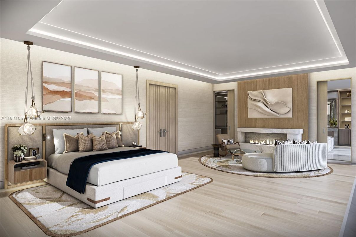 Bedroom, Fireplace, Interior, Pendant Lights, Wood Texture Flooring