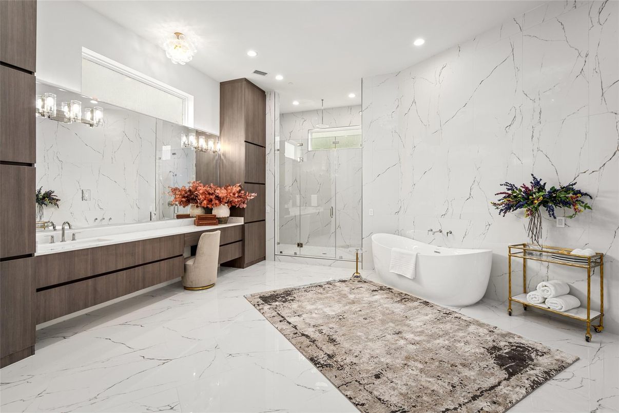 Bathroom, Free Standing Baths, Glass Shower, Interior, Marble, Marble Walls, Recessed Lighting