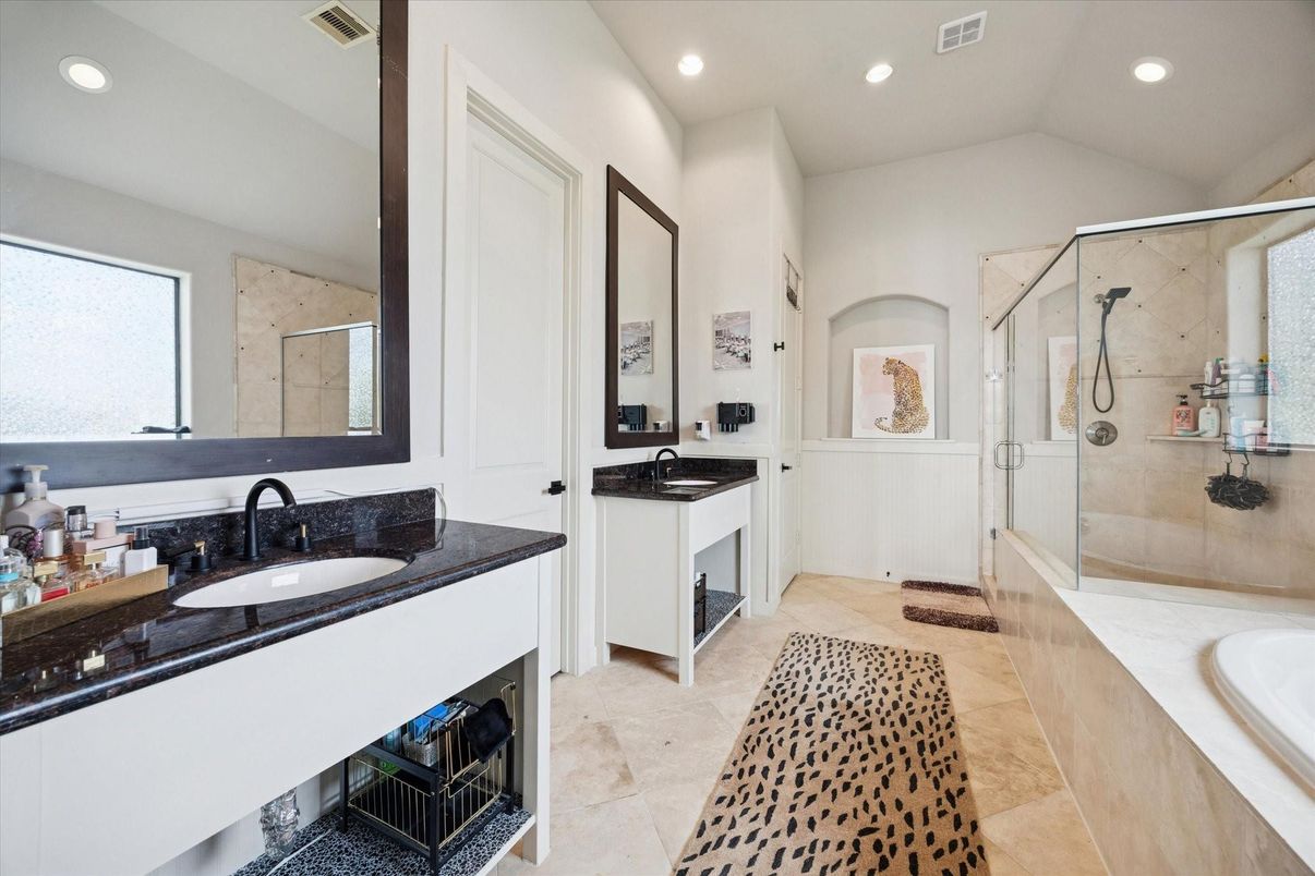 Bathroom, Dual Sink Vanities, Glass Shower, Interior, Recessed Lighting