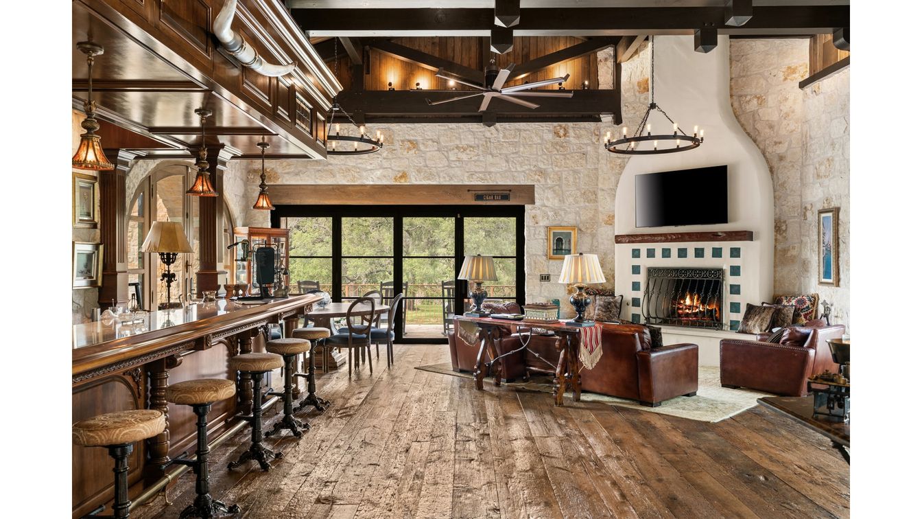 Dining room, Fireplace, Interior, Living room, Pendant Lights, Stone Walls, Wooden Beams, Wood Texture Flooring