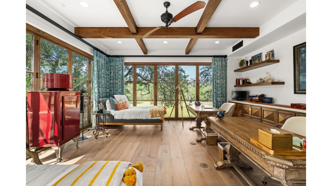 Bedroom, Home Office, Interior, Recessed Lighting, Wooden Beams, Wood Texture Flooring