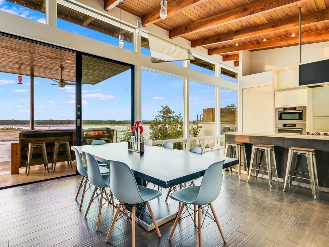 Dining room, Interior, Kitchen, Pendant Lights, Stainless Steel Appliances, Water, Wooden Beams, Wooden Ceilings, Wood Texture Flooring