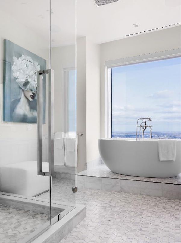 Bathroom, Free Standing Baths, Glass Shower, Interior, Marble