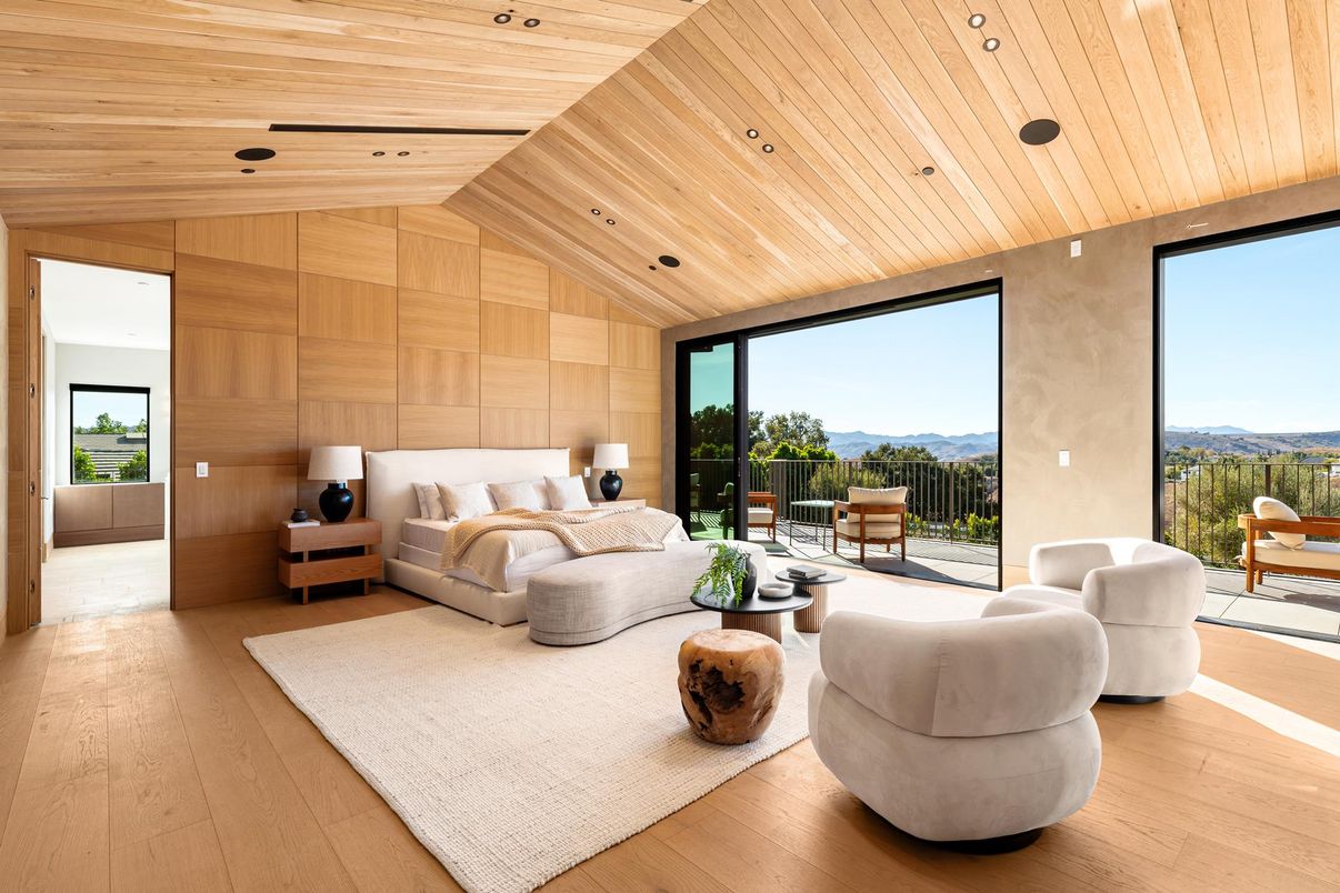 Bedroom, Interior, Living room, Recessed Lighting, Wooden Ceilings, Wood Texture Flooring, Wooden Walls
