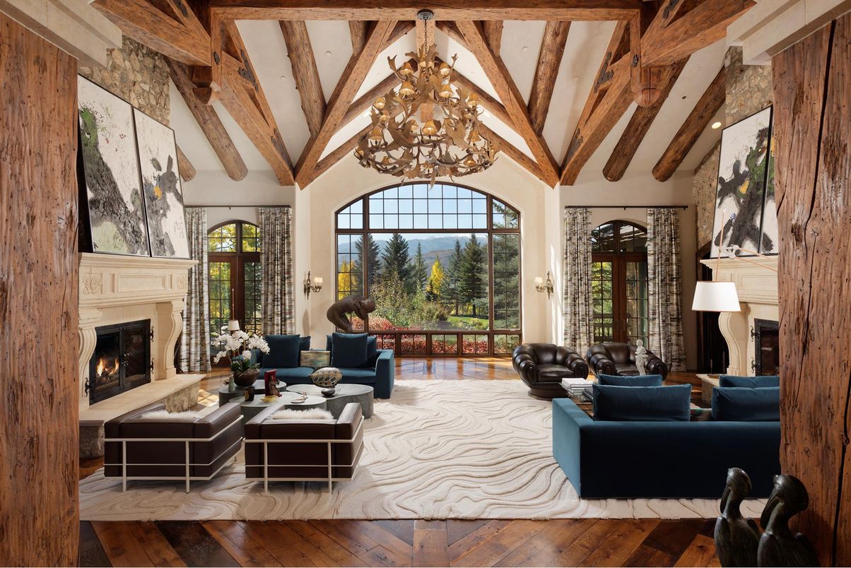 Chandelier, Fireplace, Interior, Living room, Wooden Beams, Wood Texture Flooring