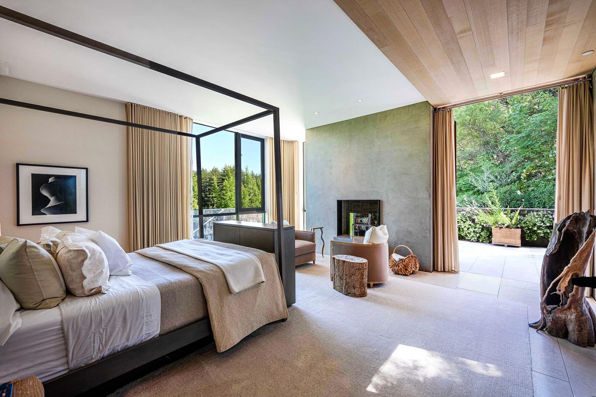 Bedroom, Fireplace, Interior, Recessed Lighting, Wooden Ceilings
