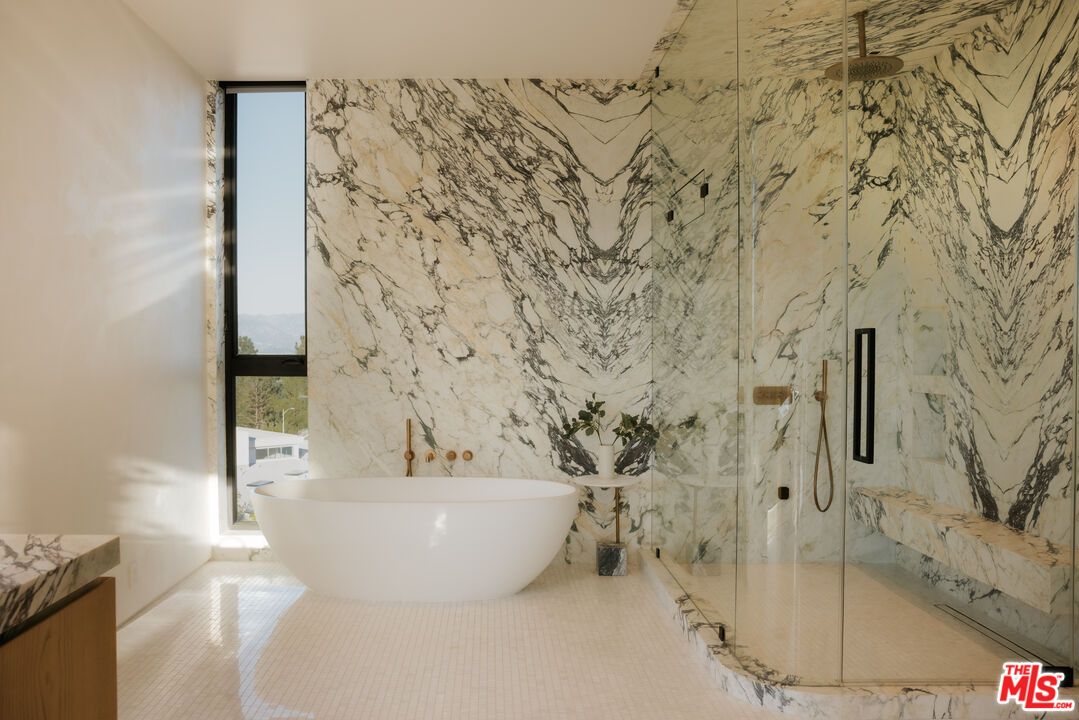 Bathroom, Free Standing Baths, Glass Shower, Interior, Marble Walls