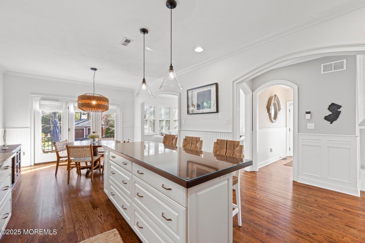 Dining room, Interior, Pendant Lights, Recessed Lighting, Wood Texture Flooring