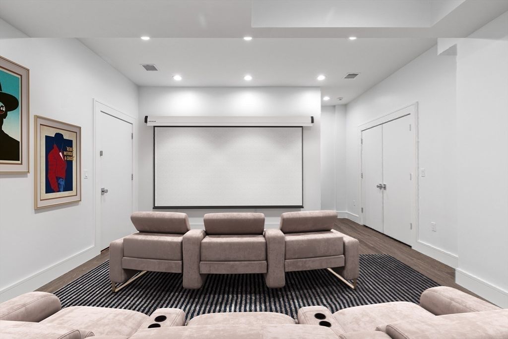 Interior, Projection Screen, Recessed Lighting, Theatre Room, Wood Texture Flooring