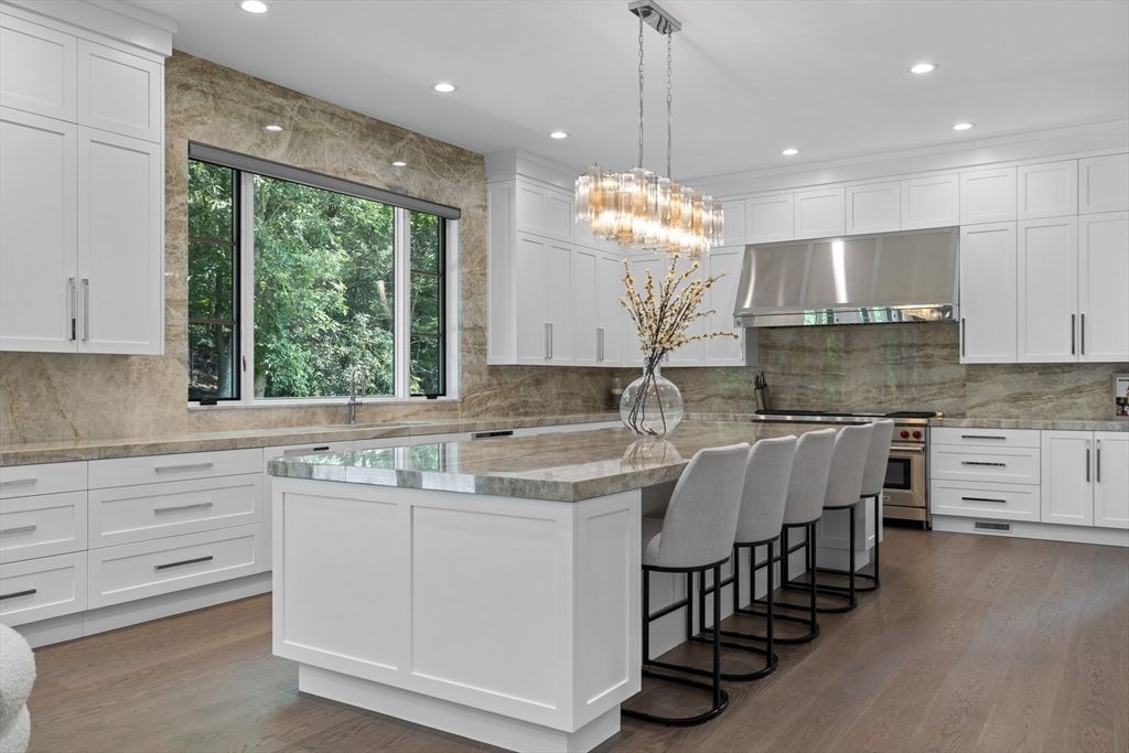 Chandelier, Interior, Kitchen, Pendant Lights, Recessed Lighting, Stainless Steel Appliances, Wood Texture Flooring