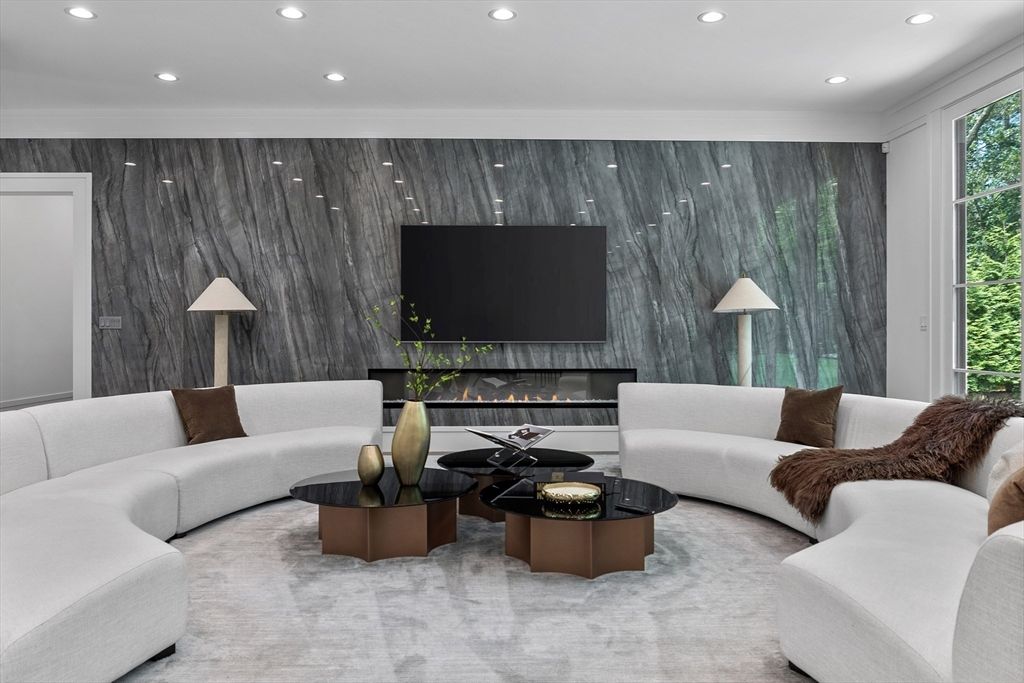 Fireplace, Interior, Living room, Marble Walls, Recessed Lighting