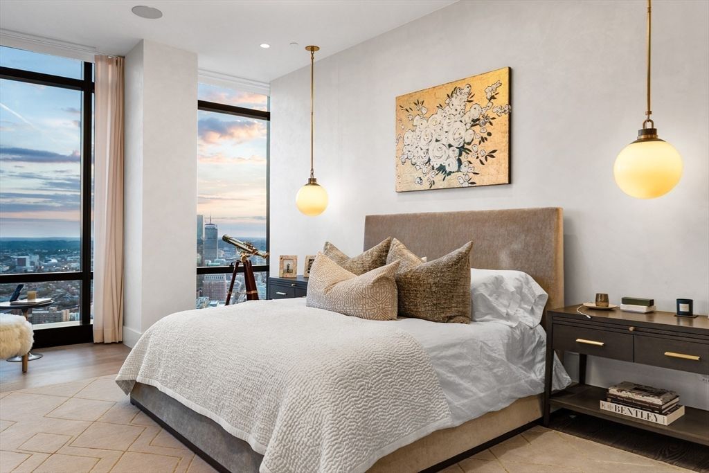 Bedroom, Interior, Pendant Lights, Recessed Lighting, Water, Wood Texture Flooring