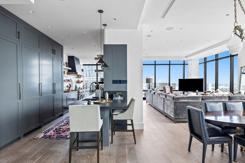 Dining room, Interior, Kitchen, Living room, Pendant Lights, Recessed Lighting, Stainless Steel Appliances, Wood Texture Flooring