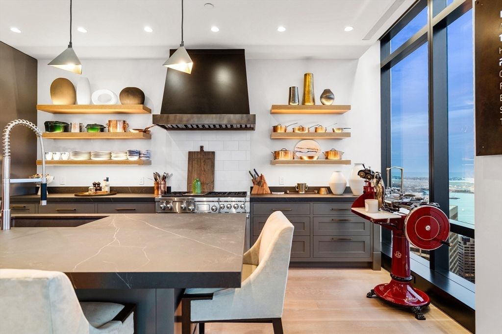 Interior, Kitchen, Pendant Lights, Recessed Lighting, Stainless Steel Appliances, Water, Wood Texture Flooring