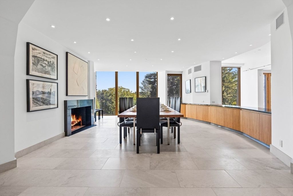 Dining room, Fireplace, Interior, Recessed Lighting