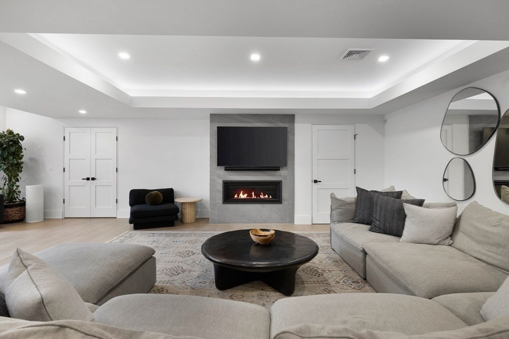 Fireplace, Interior, Living room, Recessed Lighting, Wood Texture Flooring