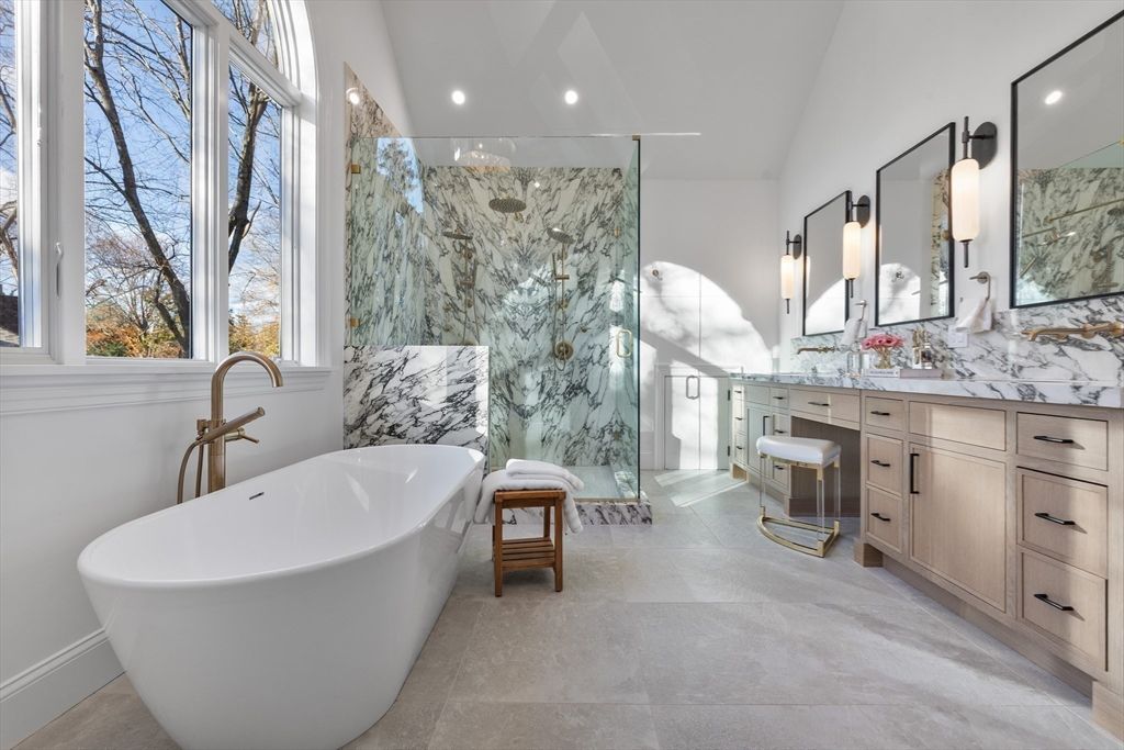 Bathroom, Dual Sink Vanities, Free Standing Baths, Glass Shower, Interior, Marble Walls, Recessed Lighting