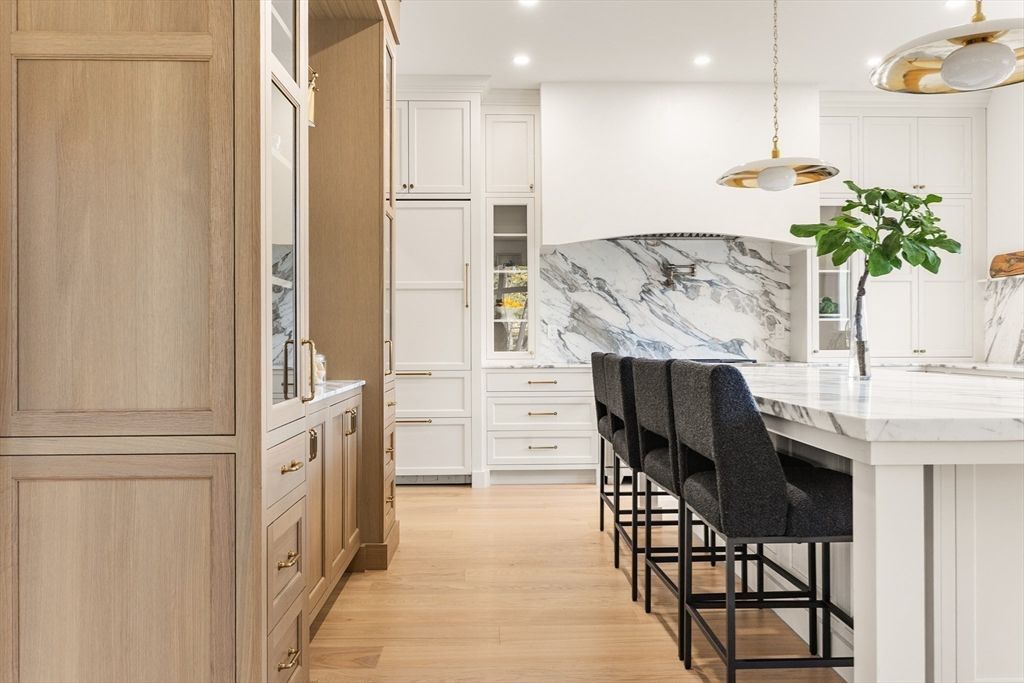 Interior, Kitchen, Marble Walls, Pendant Lights, Recessed Lighting, Wood Texture Flooring